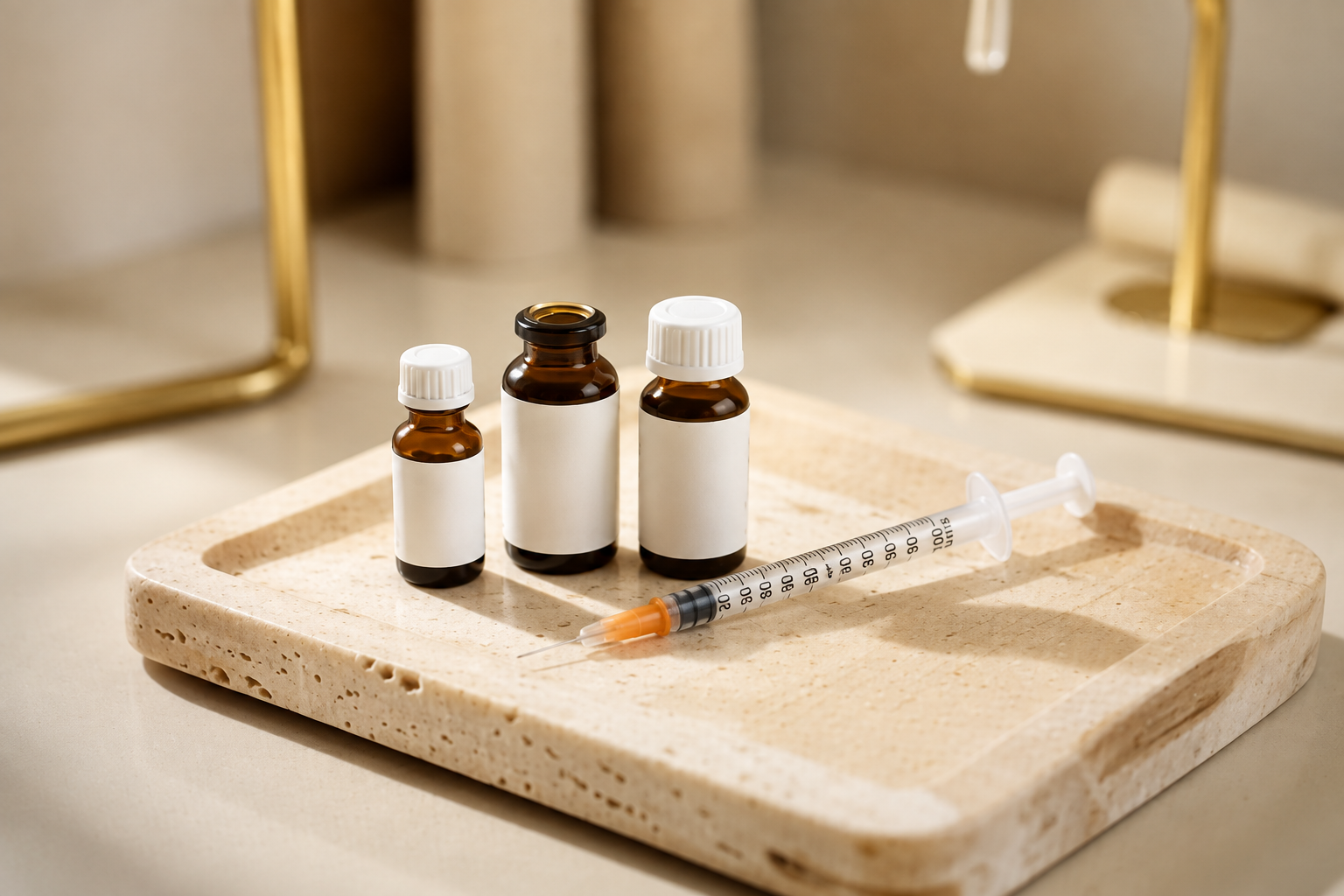 Hormone therapy vials and a glass syringe on a light timber tray
