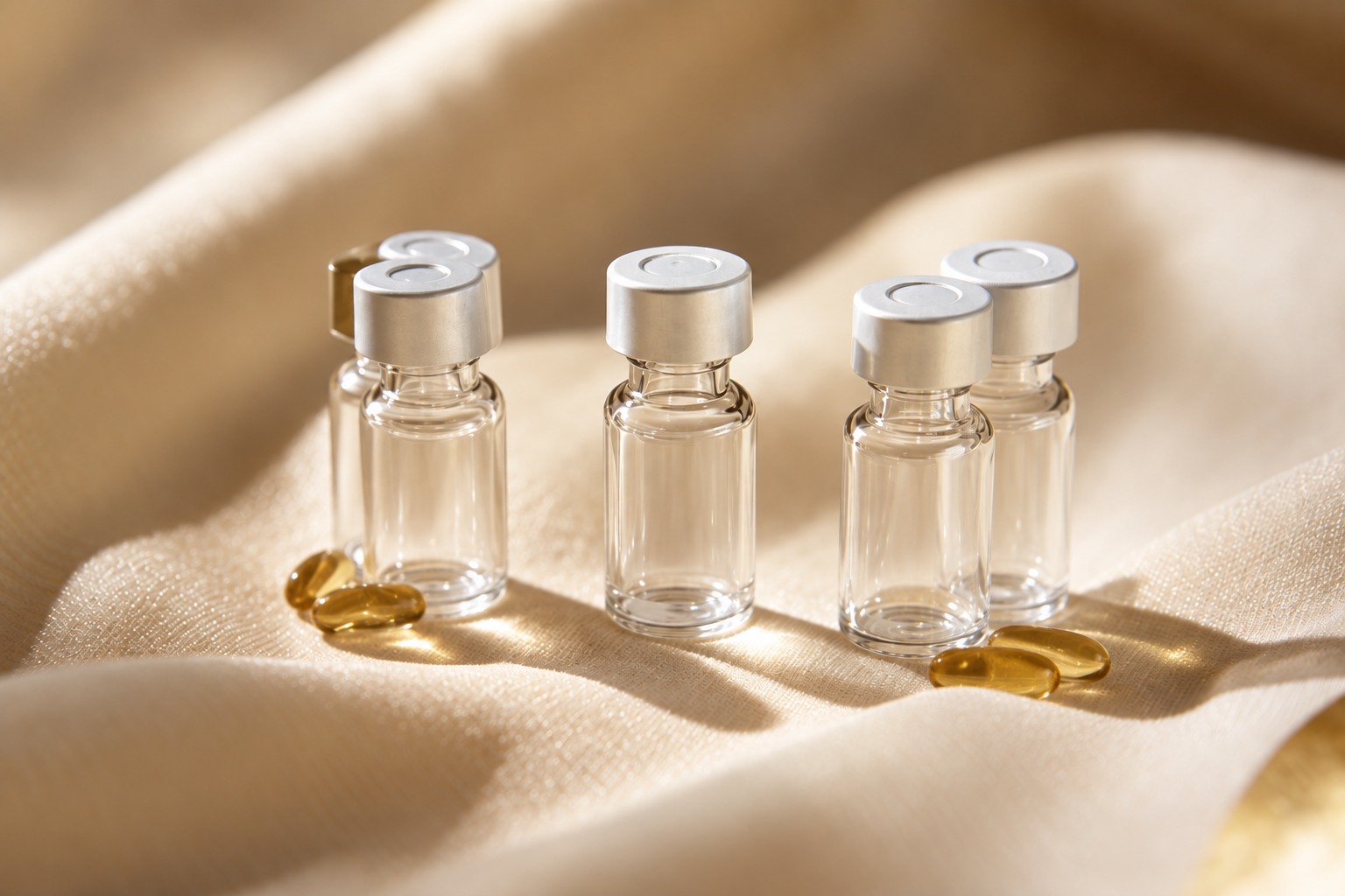 Small clear peptide vials arranged on warm ivory linen