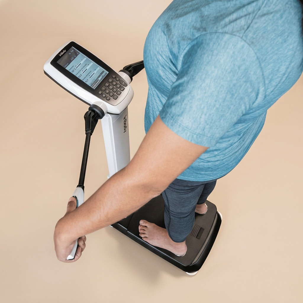 Person using an InBody body composition analyser on a warm beige background