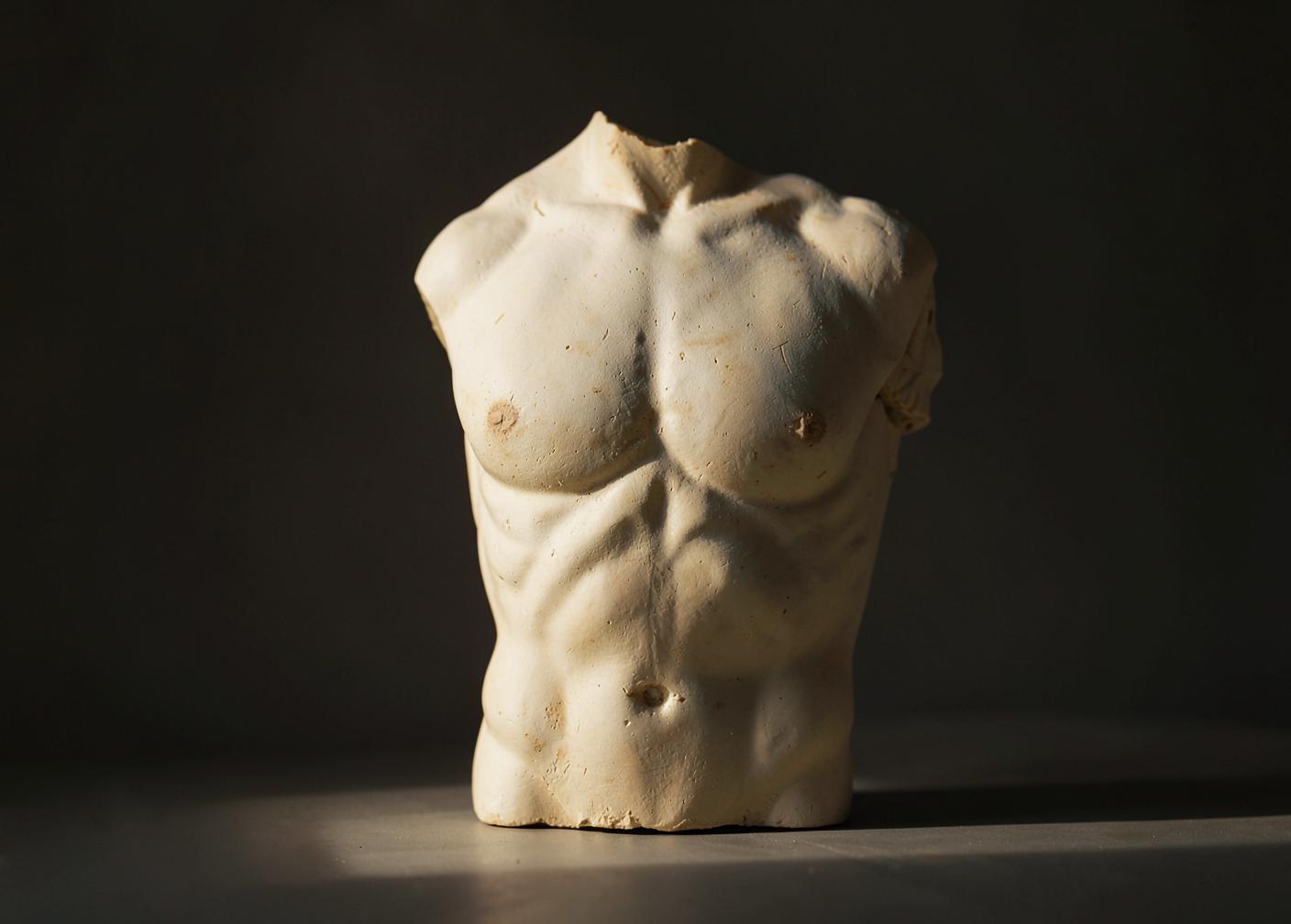 Restrained abstract anatomical study suggesting male strength and body composition in warm neutral tones