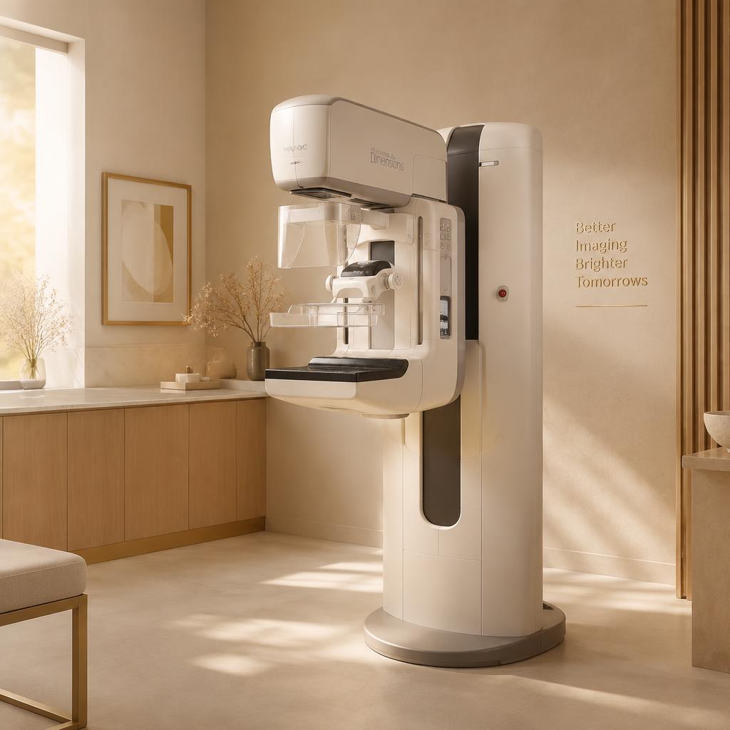 Modern mammography unit in a calm, warm imaging suite