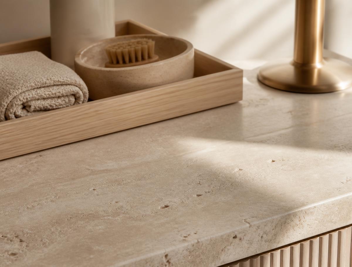 Travertine surface with light timber tray in a warm ivory clinical space